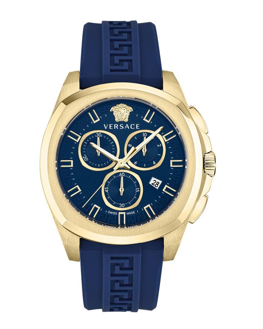 VERSACE Men's Swiss Chronograph Geo Blue Silicone Strap Watch 43mm In Ip Yellow Gold Product Image