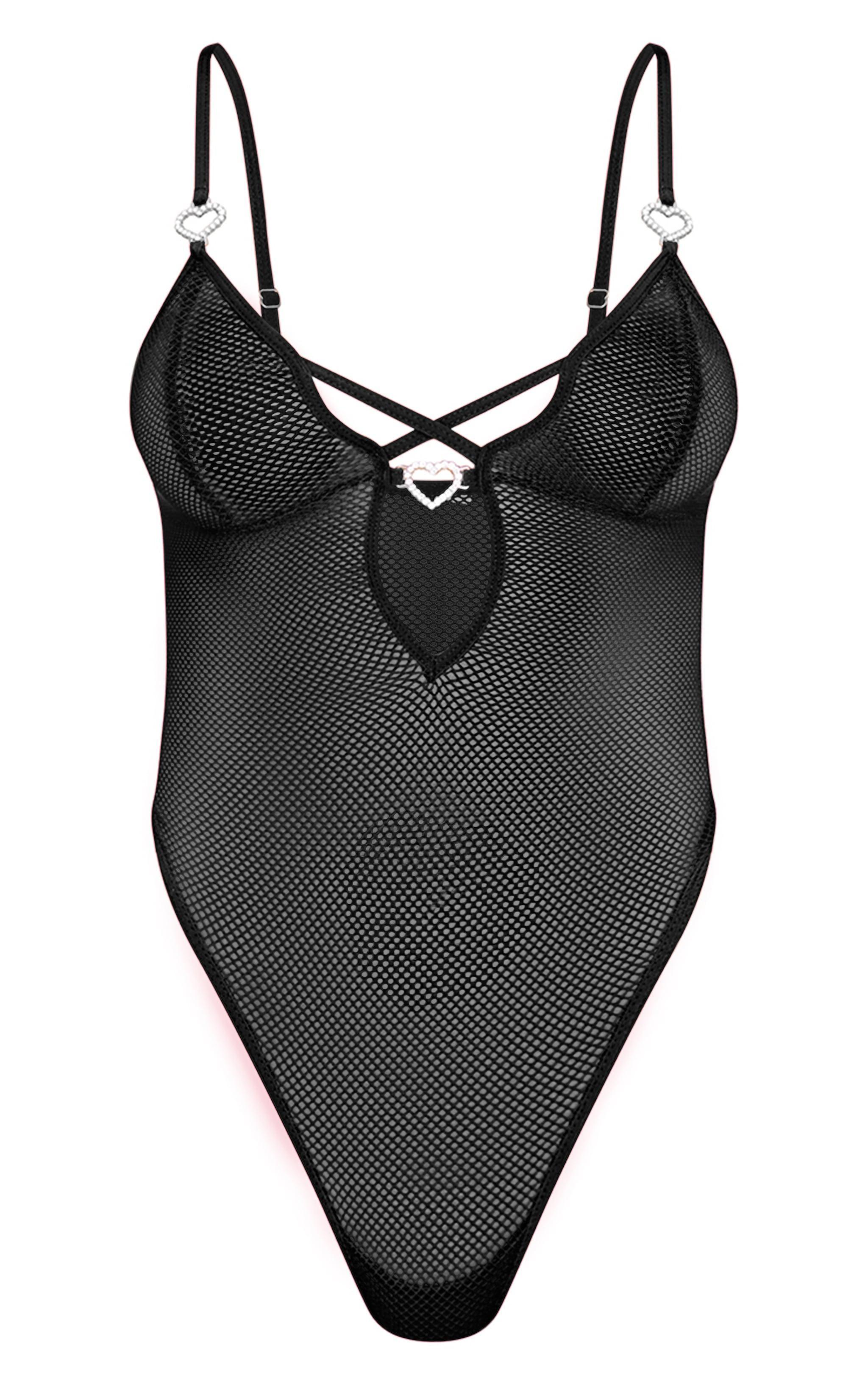 Black Fishnet Diamante Heart Lingerie Bodysuit Product Image