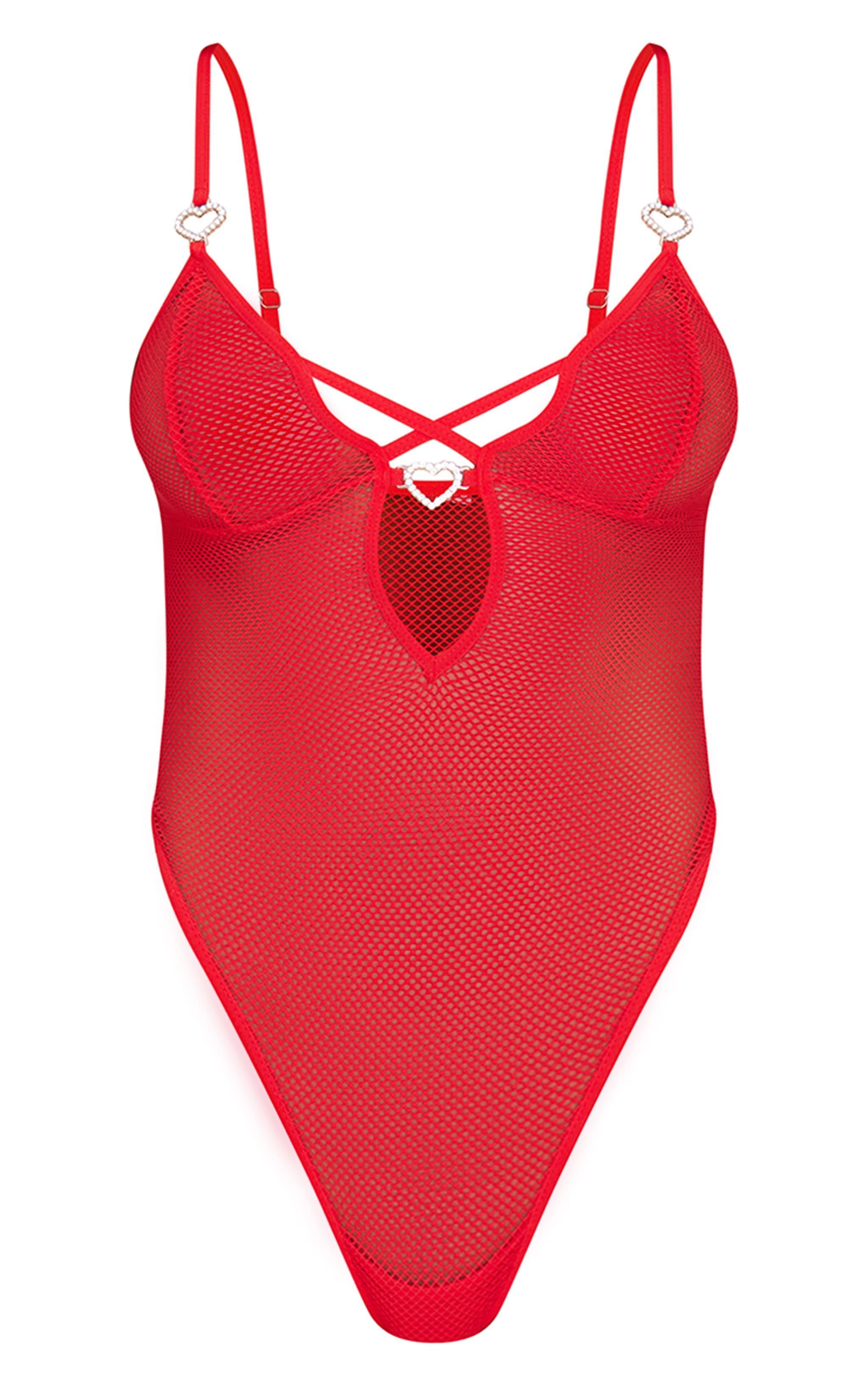 Red Fishnet Diamante Heart Lingerie Bodysuit Product Image