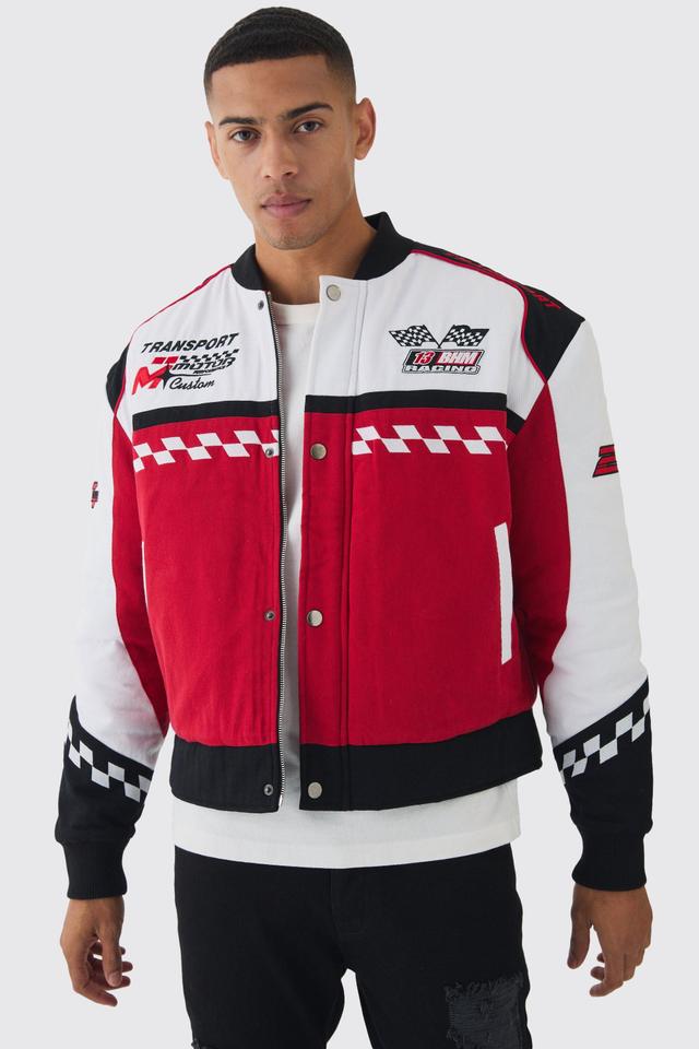 Oversized Boxy Official Twill Padded Moto Jacket In Red | boohooMAN USA Product Image