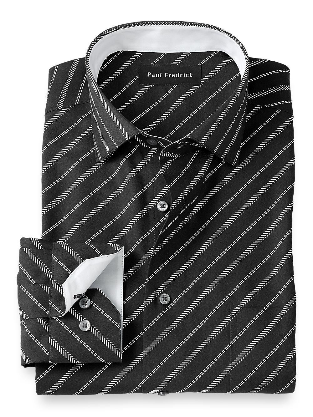 Non-Iron Cotton Diagonal Stripe Dress Shirt With Contrast Trim - Black/white Product Image