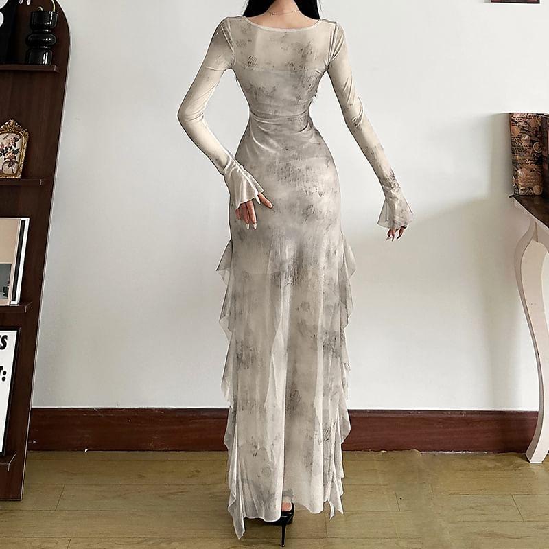 Long-Sleeve V-Neck Cutout Plain Sheer Maxi Sheath Dress Product Image