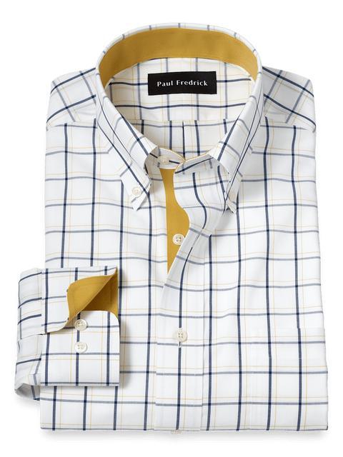 Non-Iron Cotton Windowpane Dress Shirt With Contrast Trim - Navy/gold Product Image