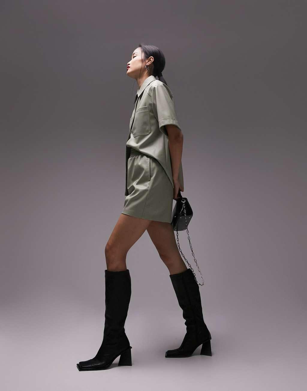 Topshop faux leather pull on shorts in sage - part of a set Product Image