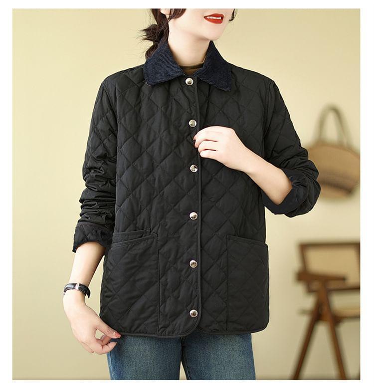 Contrast Collar Quilted Button-Up Jacket Product Image