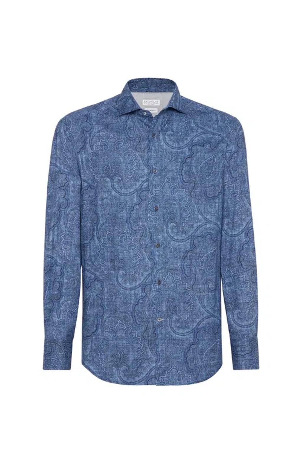 BRUNELLO CUCINELLI Cotton Paisley Slim-fit Shirt In Denim Product Image