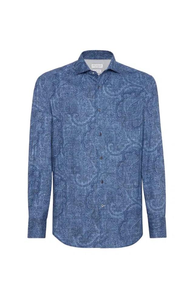 BRUNELLO CUCINELLI Cotton Paisley Slim-fit Shirt In Denim Product Image