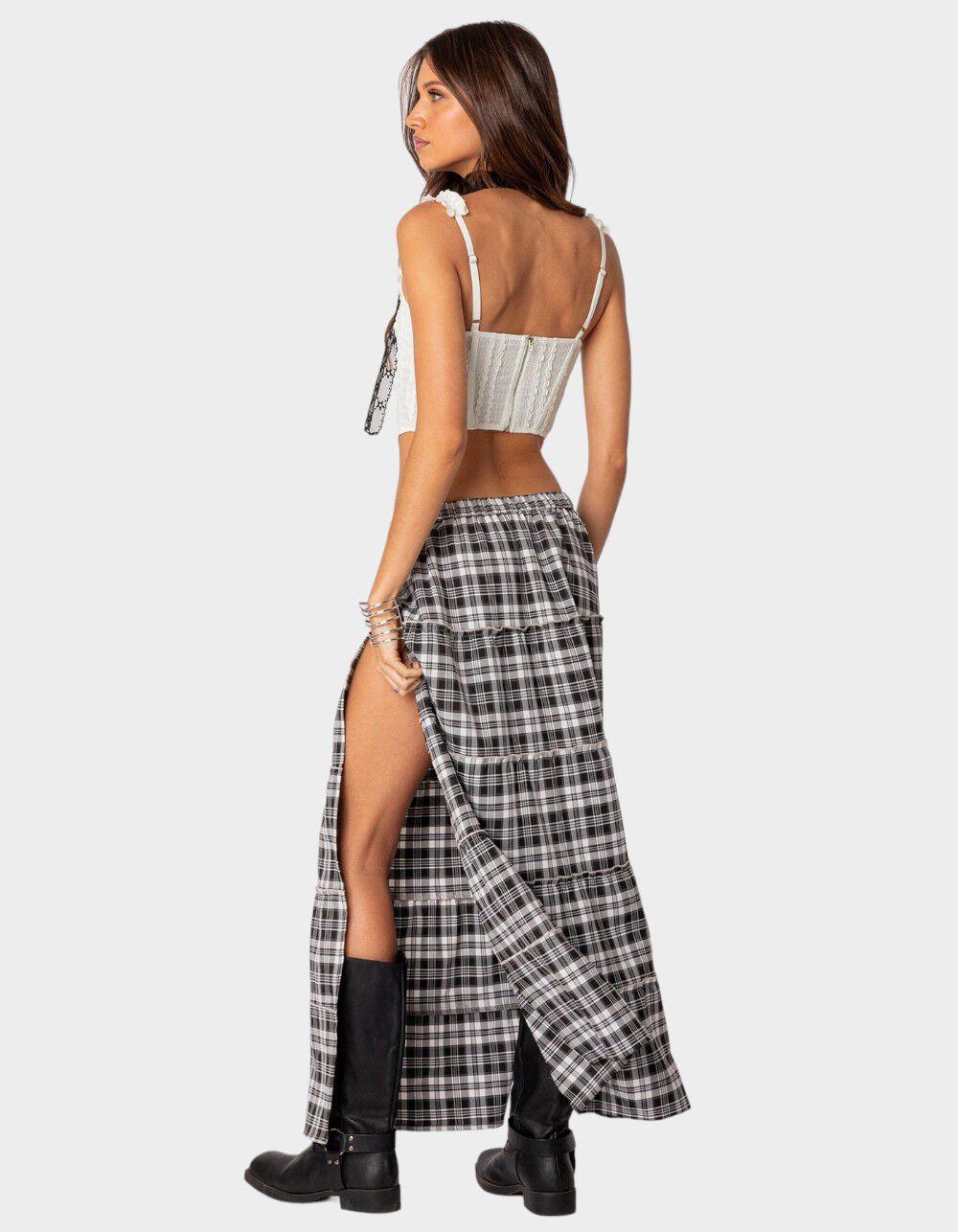 EDIKTED Plaid Side Slit Tiered Maxi Skirt Product Image