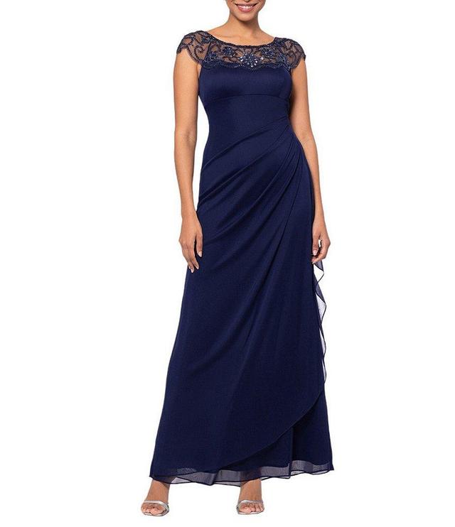 Xscape Petite Size Beaded Yoke Cap Sleeve Illusion Round Neck Ruched Cascade Ruffle Side Gown Product Image