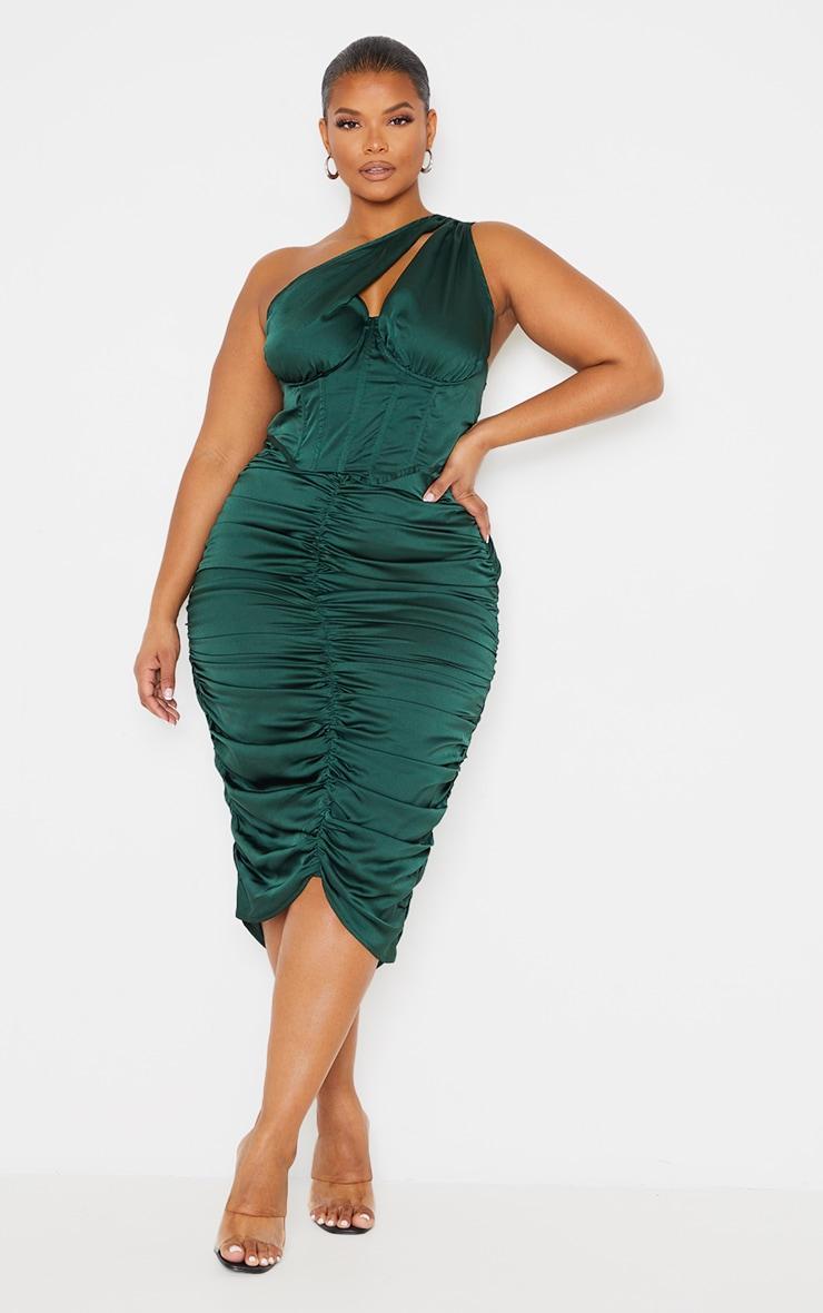 Plus Emerald Green One Shoulder Corset Ruched Satin Midi Dress Product Image