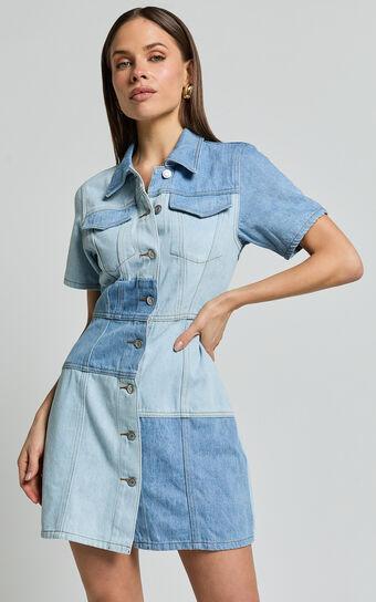 Gladys Mini Dress - Short Sleeve Patchwork Denim Dress in Multi Product Image