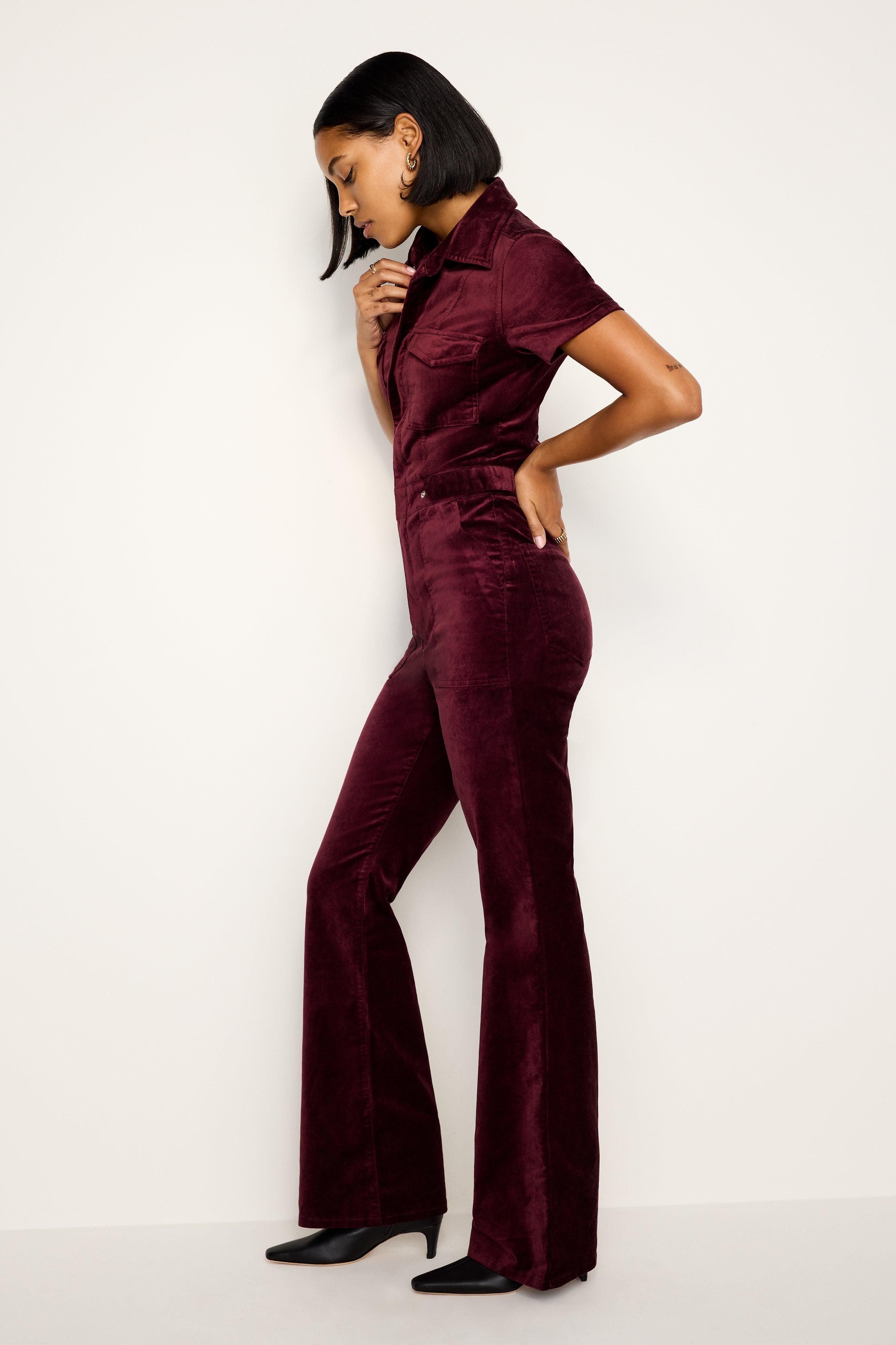 FIT FOR SUCCESS VELVET BOOTCUT JUMPSUIT | OXBLOOD002 Product Image