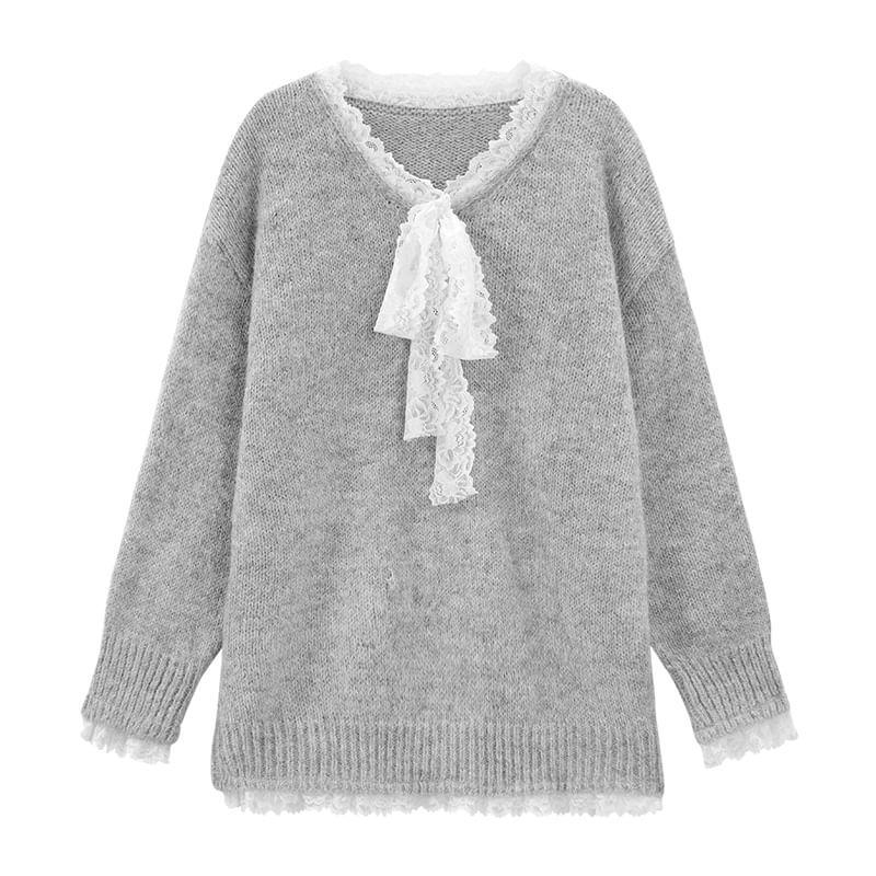 V-Neck Plain Lace Trim Oversized Sweater Product Image