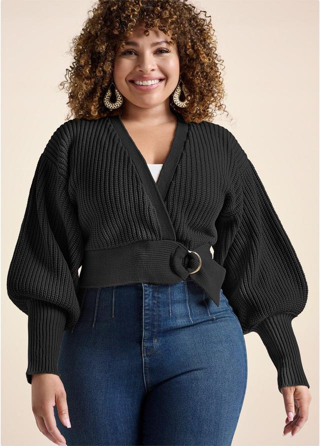 Wrap Balloon Sleeve Sweater - Black Product Image