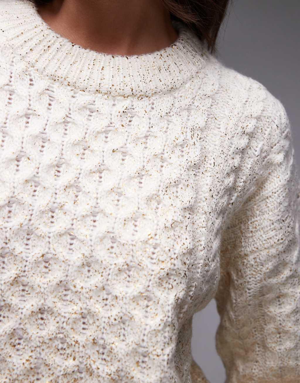 Topshop metallic cable knit relaxed sweater in gold Product Image