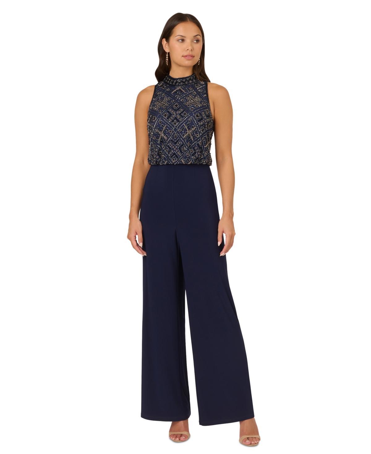 Adrianna Papell Womens Beaded Blouson Wide-Leg Jumpsuit Product Image