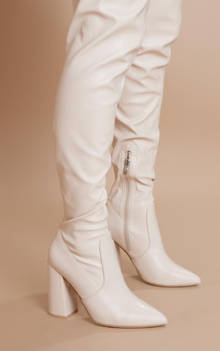 Cream Block Heel PU Thigh High Boots Product Image