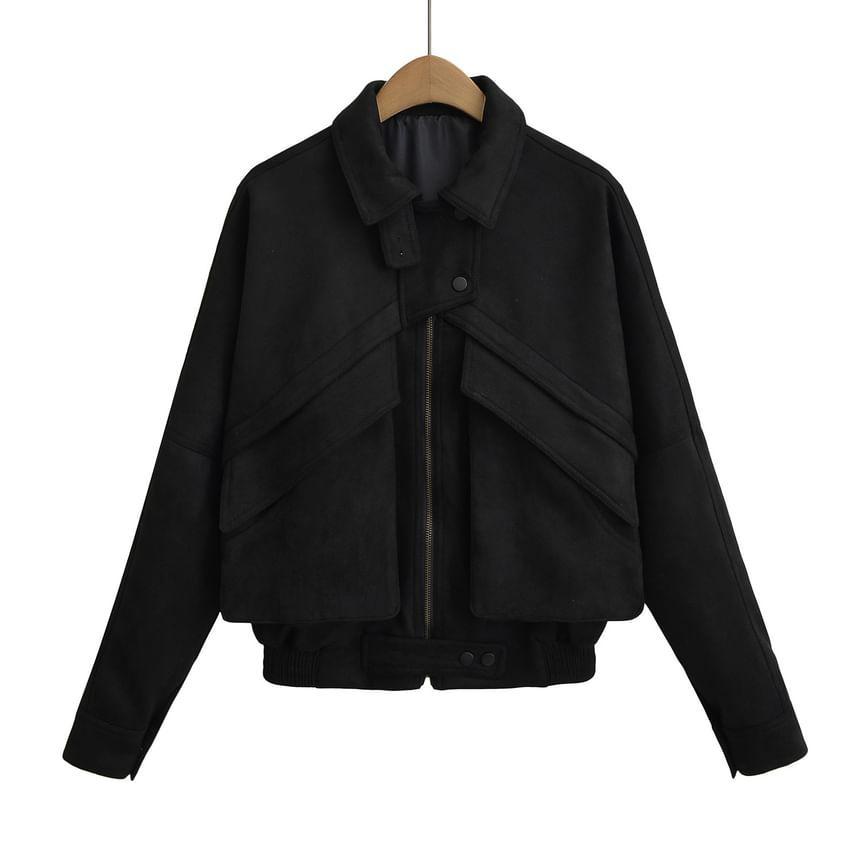 Lapel Collar Plain Faux Leather Zip Jacket Product Image