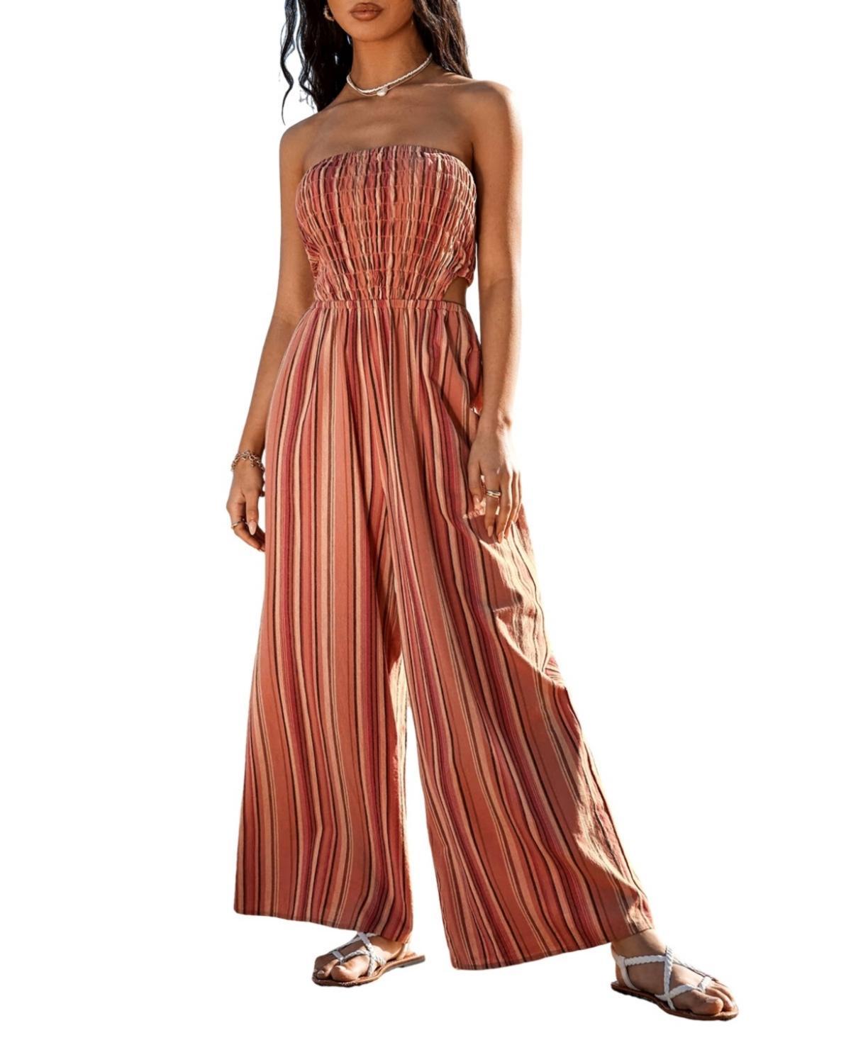 Cupshe Womens Striped Smocked Wide Leg Tube Jumpsuit Product Image