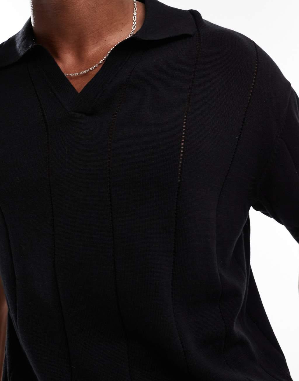 Bershka textured knitted polo shirt in black Product Image