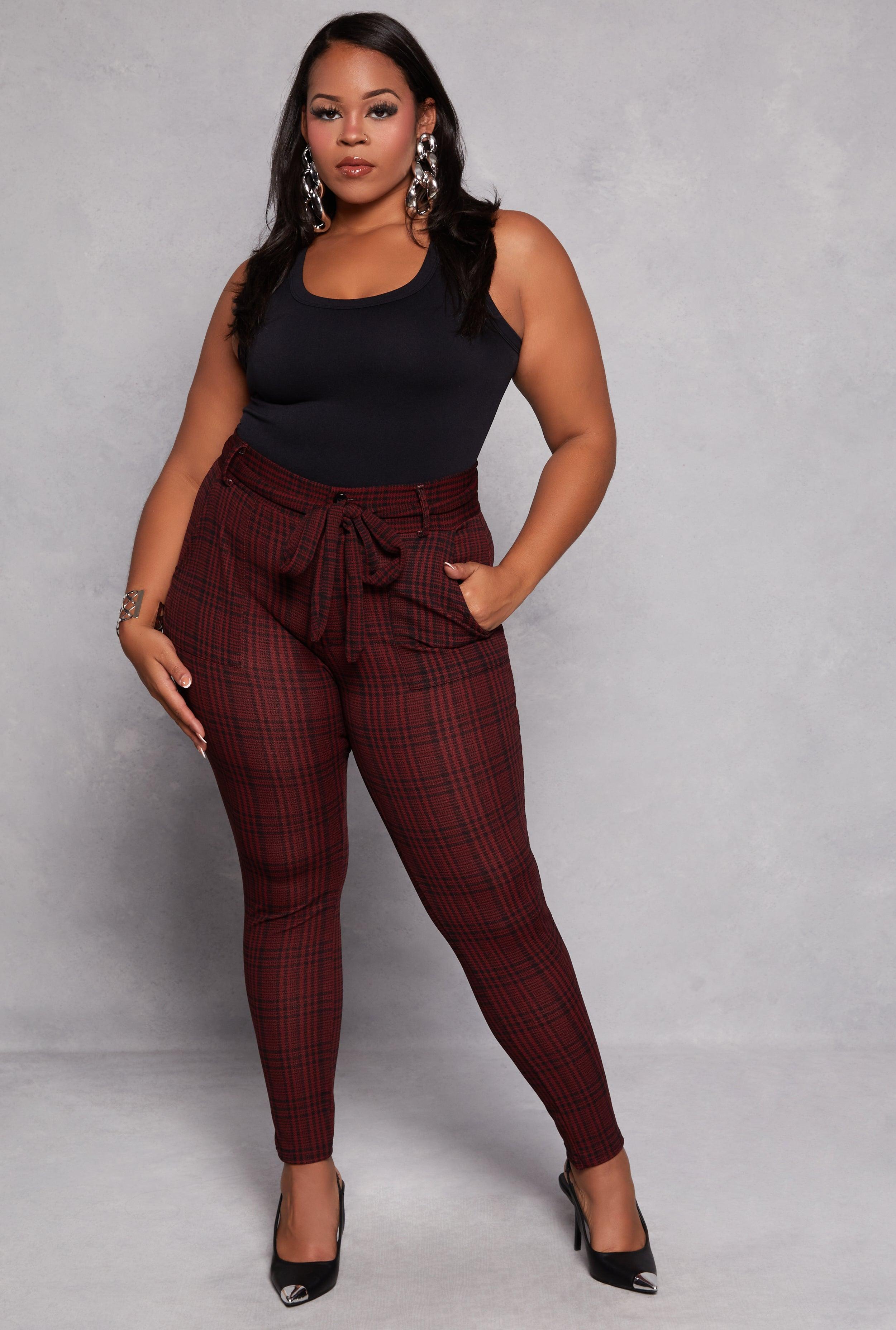 Womens Plus Size Plaid Tie Waist Belted Dress Pants Product Image