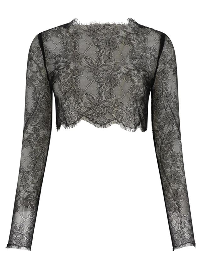 DOLCE & GABBANA Long-sleeve Cropped Chantilly Lace Top In Black Product Image