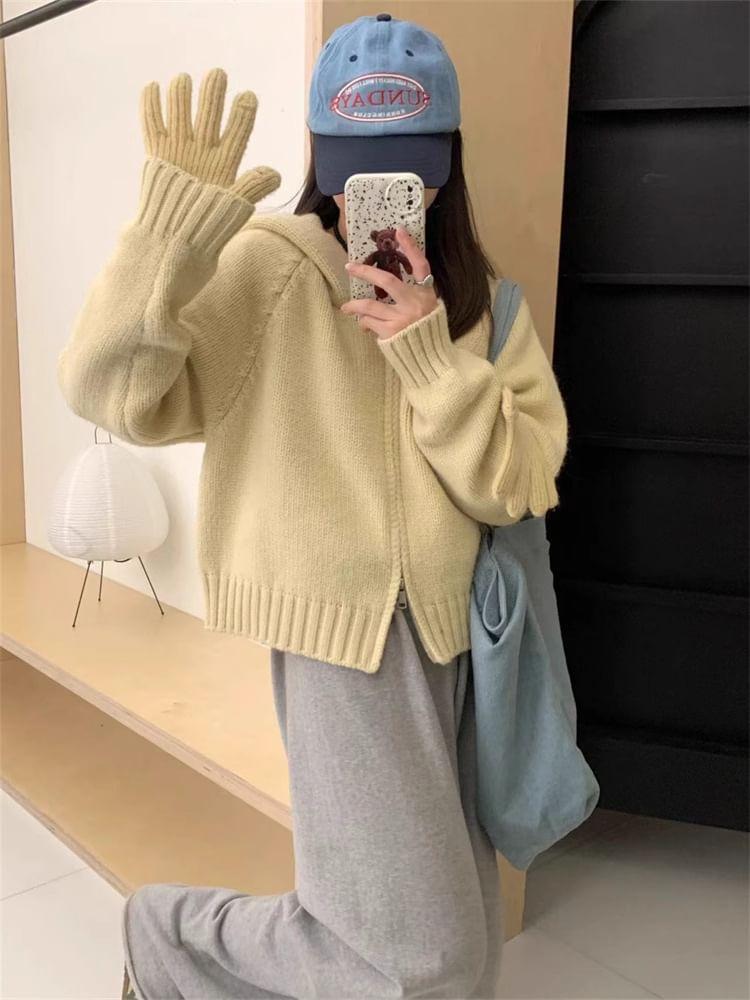 Plain Zip-Up Crop Knit Hoodie Product Image