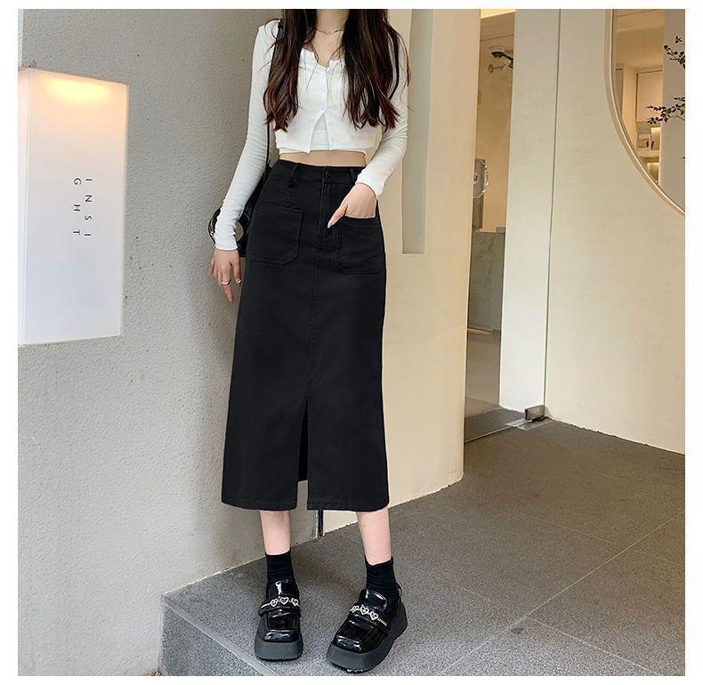 High Rise Plain Front-Slit Denim Midi Pencil Skirt Product Image