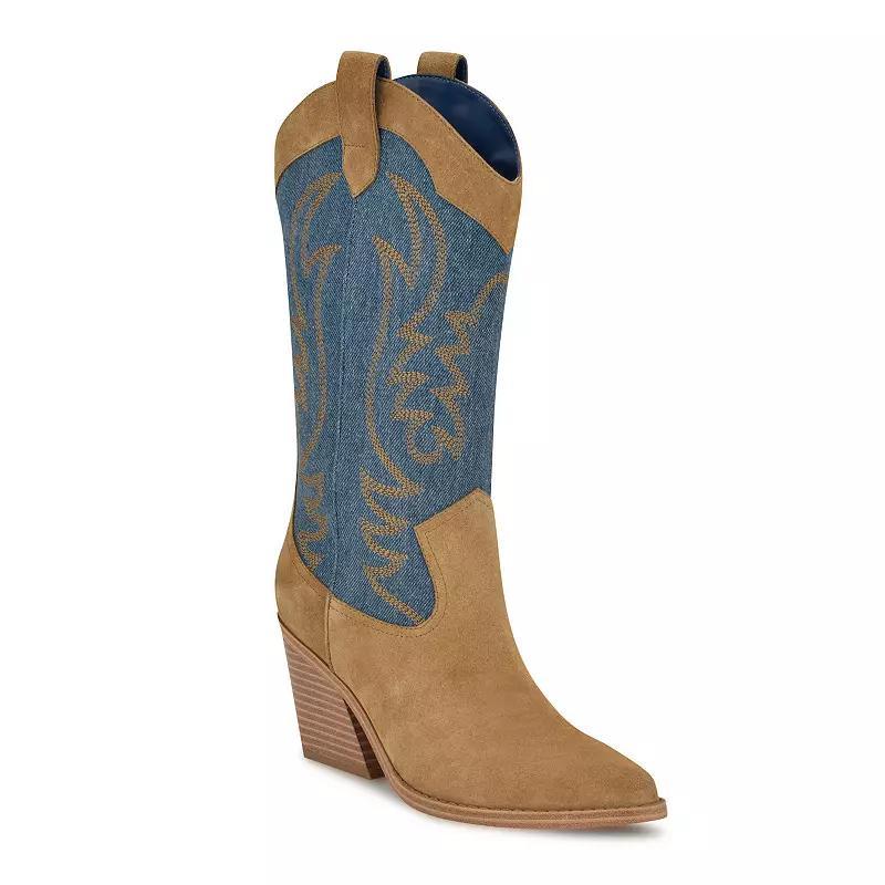 Nine West Keeks Womens Western Boots Caramel Suede Blue Product Image