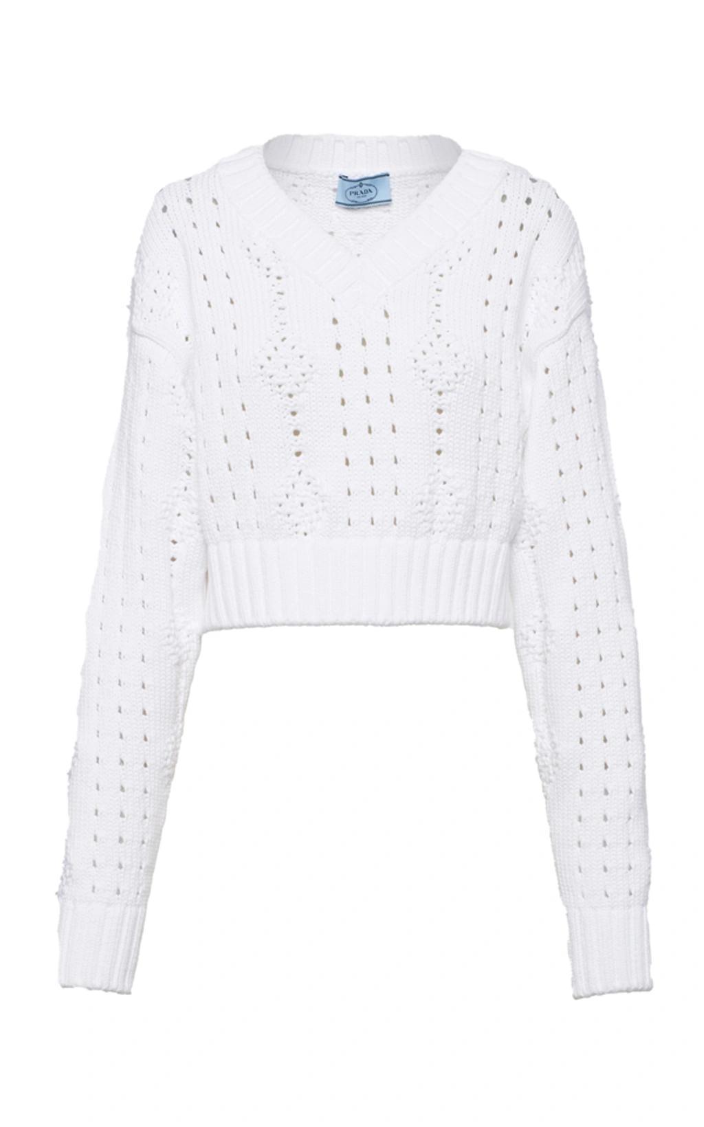 Cotton V-neck Pointelle Knit Top In White product image