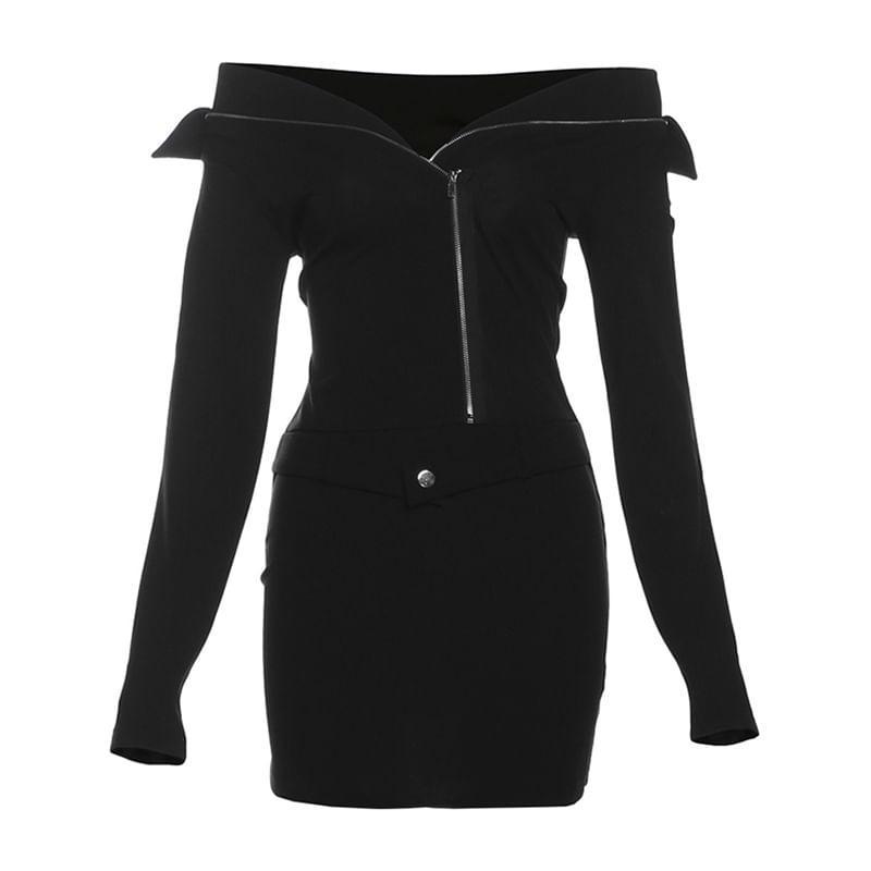 Long Sleeve V-Neck Off-Shoulder Plain Zip-Up Slim-Fit Mini Bodycon Dress Product Image