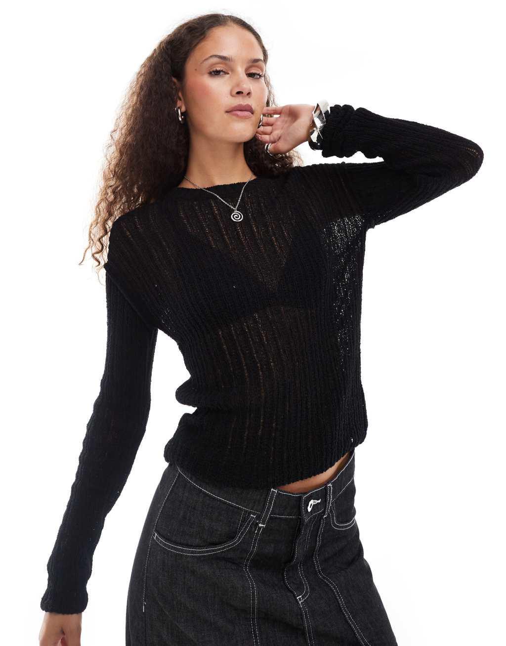 Weekday slim fit lightweight ribbed sweater in black Product Image