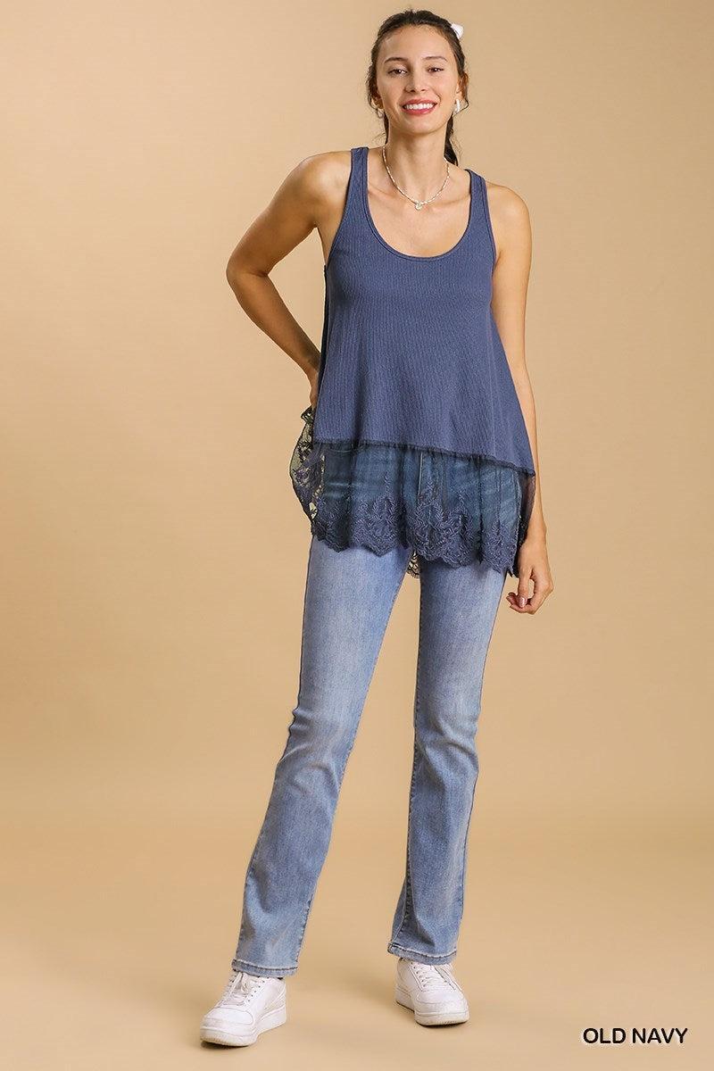 Ribbed Tank With Lace Trim Product Image