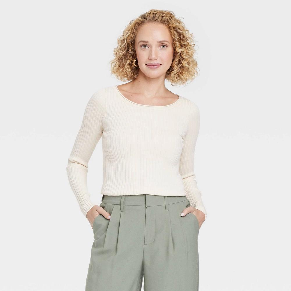 Womens Fine Gauge Ribbed Boat Neck Pullover Sweater - A New Day Cream XS product image