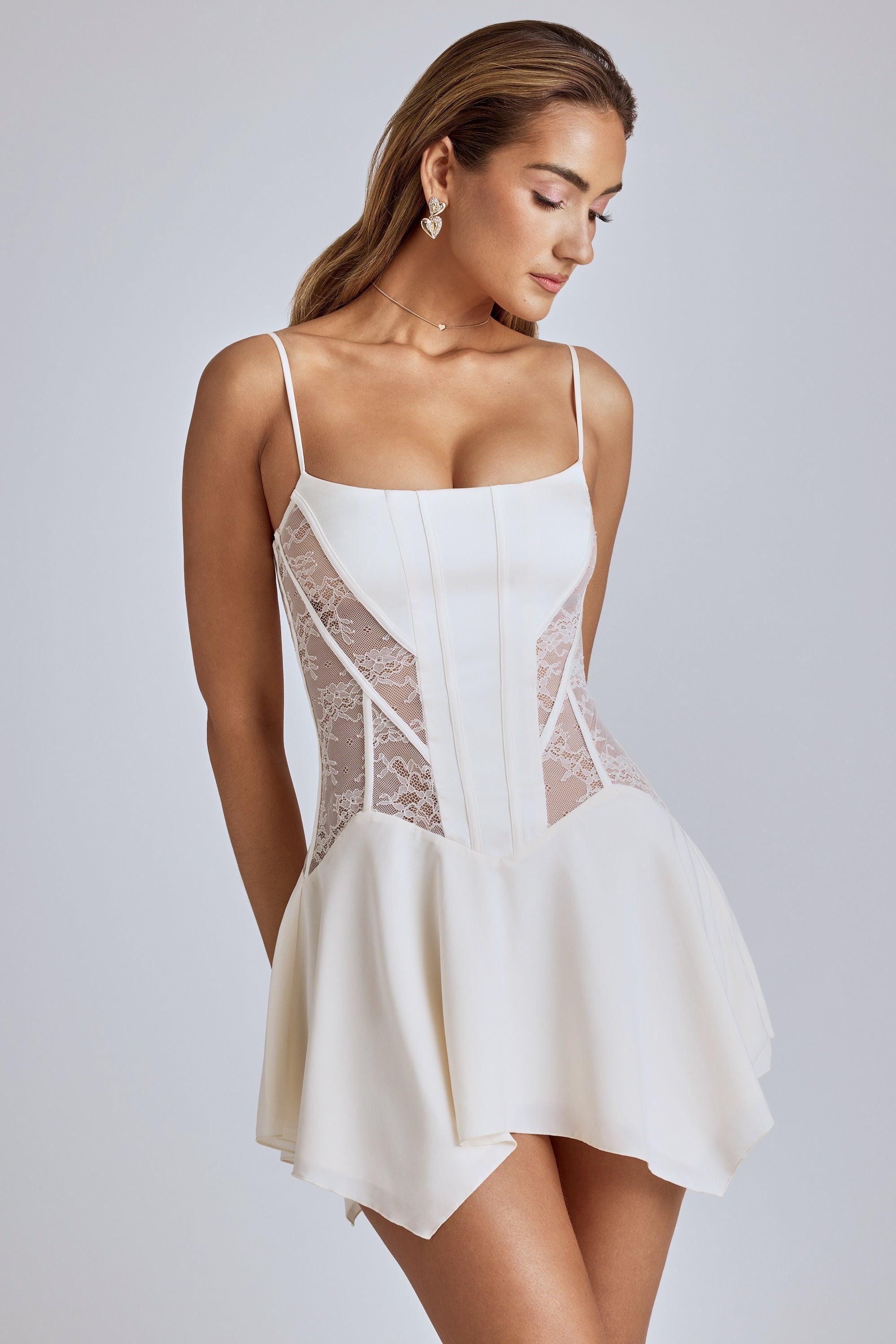 Lace Handkerchief Hem Mini Dress in Ivory Product Image