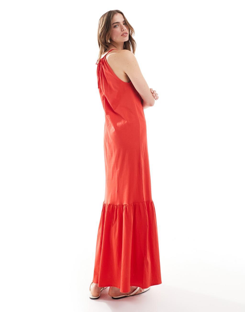 Mango halterneck tiered midi dress in red Product Image