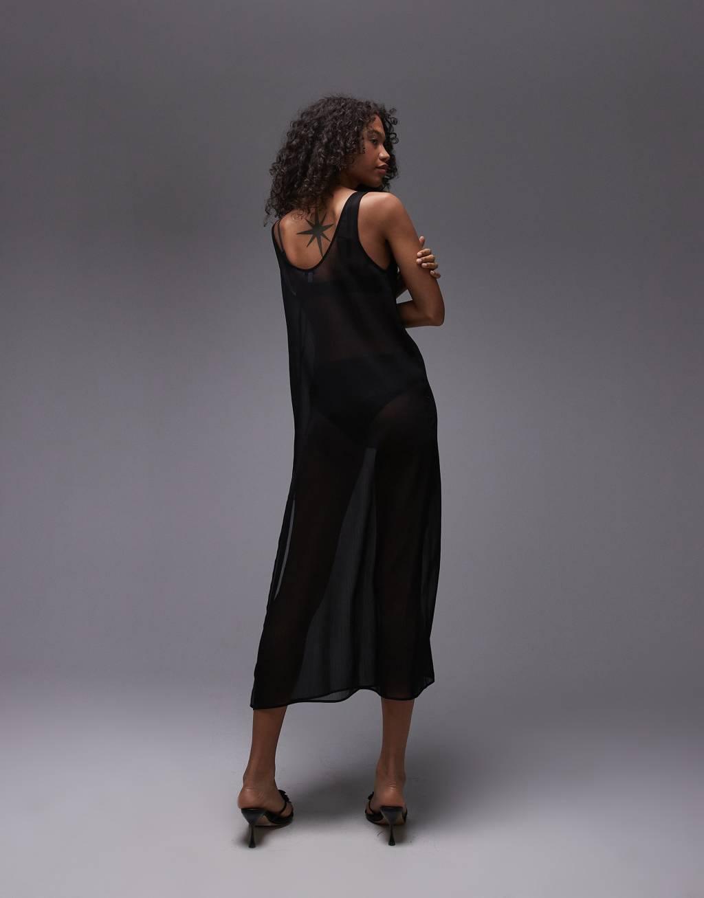 Topshop sheer throw on maxi dress in black Product Image