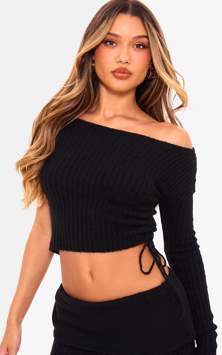 Black Ribbed Knit One Sleeve Ruched Side Top Product Image