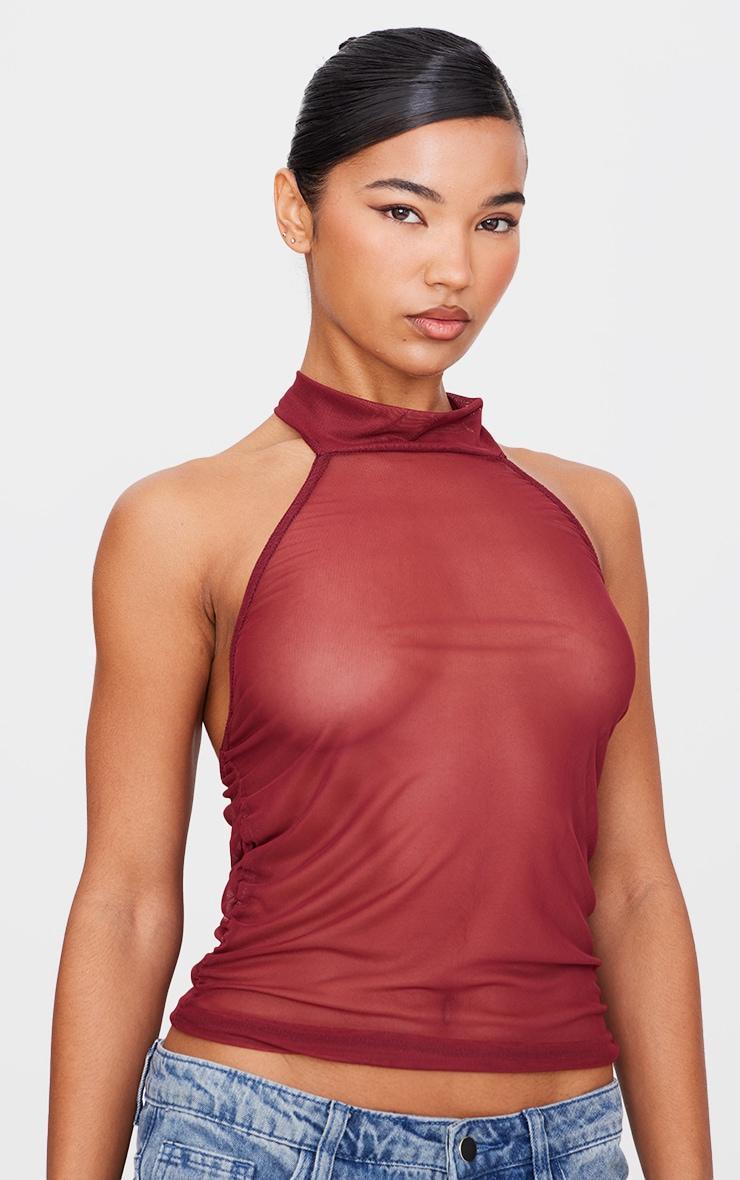 Burgundy Mesh High Neck Backless Long Top Product Image