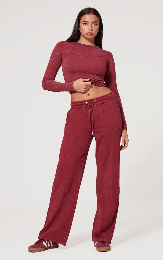 PRETTYLITTLETHING Dark Red Washed Low Rise Oversized Wide Leg Sweatpants Product Image