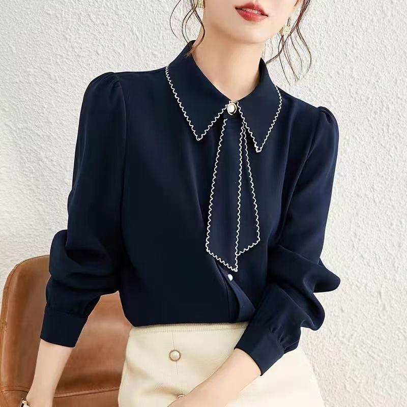 Long-Sleeve Ribbon Neck Plain Shirt Product Image