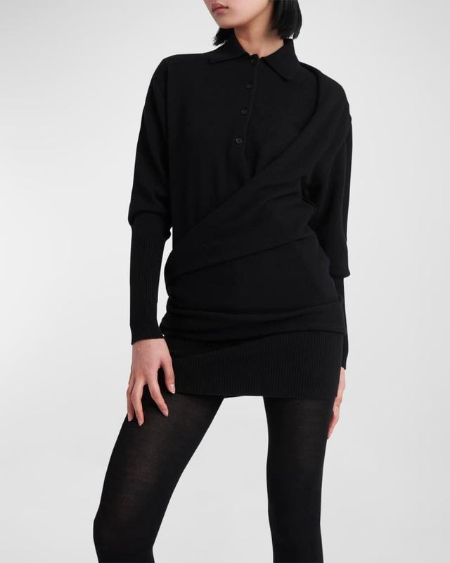 Wool-Cashmere Long-Sleeve Mini Polo Sweater Dress Product Image