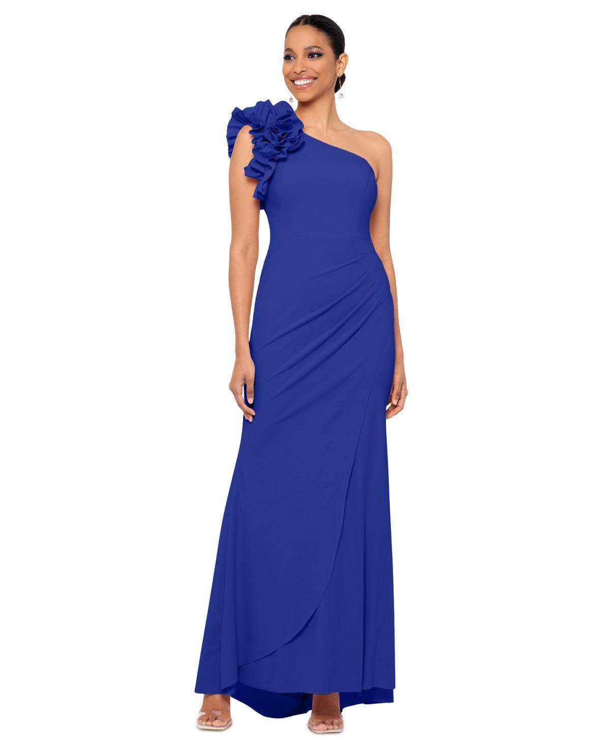 Xscape Petite Size Sleeveless Ruffled One Shoulder Scuba Crepe Sheath Gown Product Image