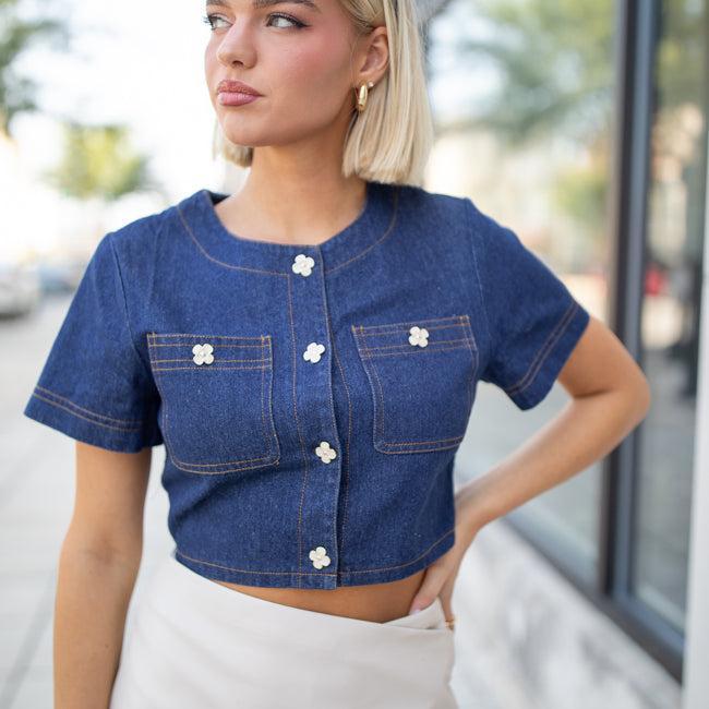 Little Details Dark Wash Denim Button Front Crop Blouse FINAL SALE Product Image