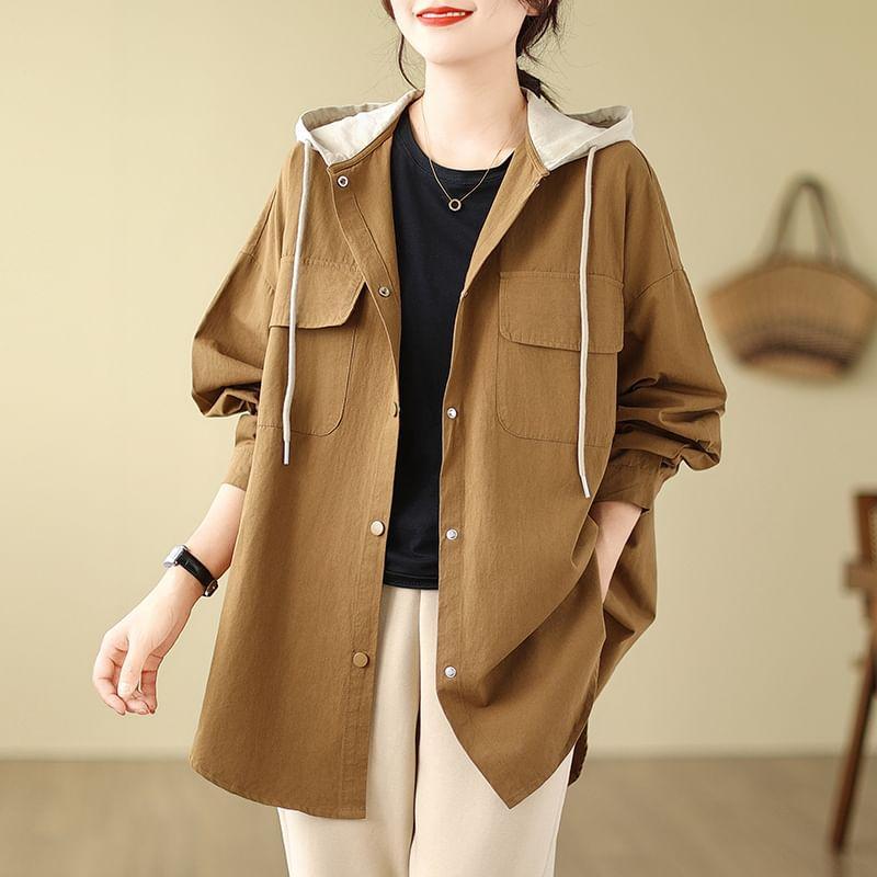 Two Tone Hooded Button-Up Jacket Product Image