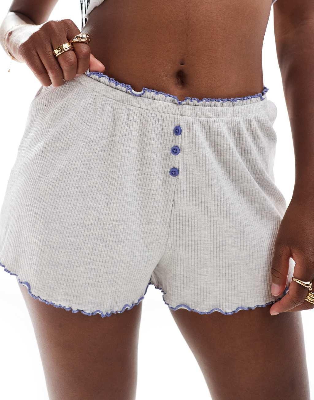 Cotton On ruffle ribbed pajama shorts in gray  Product Image