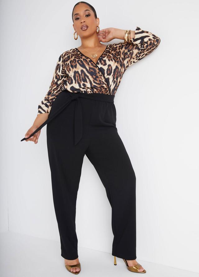 Plus Size Leopard Paneled Faux Wrap Jumpsuit Ashley Stewart Product Image