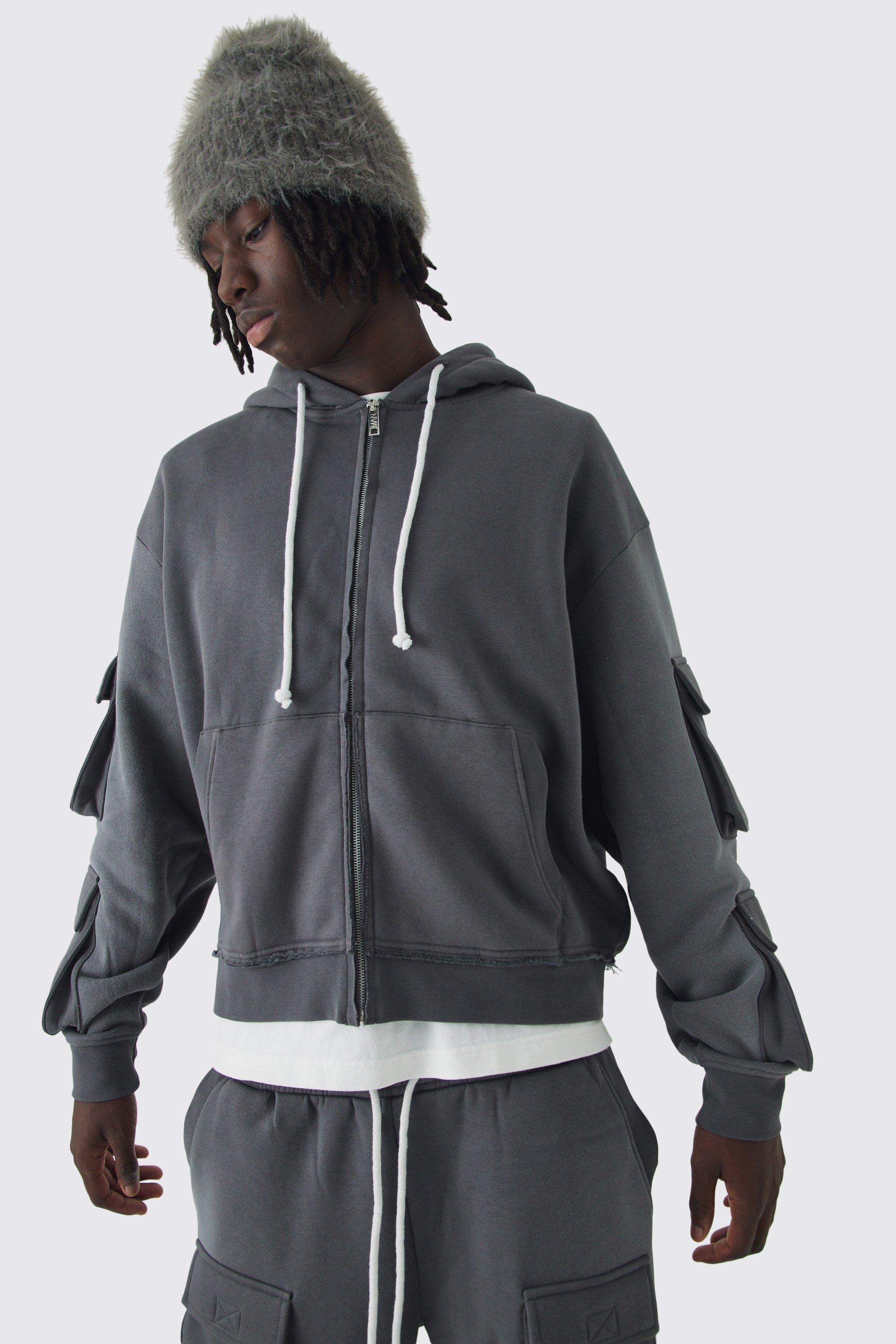 Oversized Boxy Utility Zip Through Brushback Hoodie | boohooMAN USA Product Image