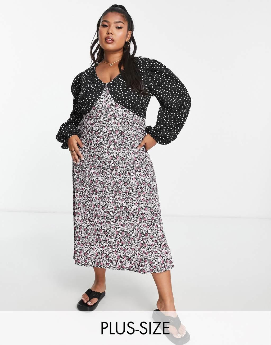 Simply Be mixed print midi dress in black Product Image