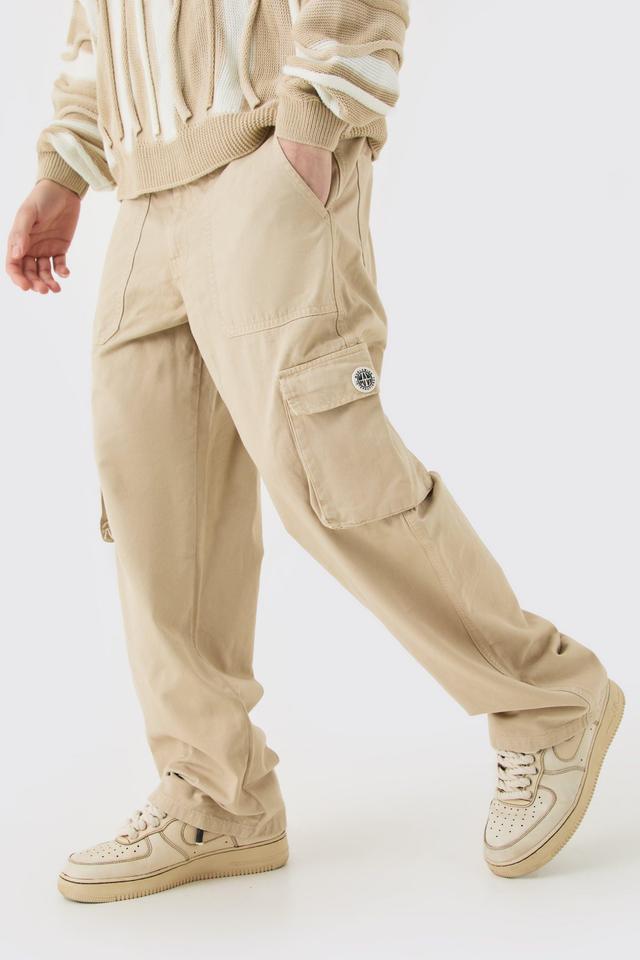 Mens Beige Fixed Waist Cargo Zip Trouser With Rubberised Tab, Beige Product Image